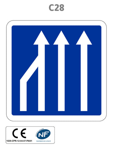Panneau C28.ex3 Réduction du nombre de voies de circulation