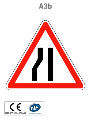 Panneau A3b Chaussée rétrécie par la gauche