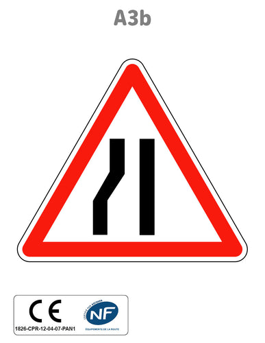 Panneau A3b Chaussée rétrécie par la gauche