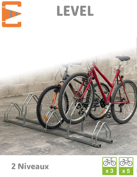 Râtelier en acier galvanisé pour 9 vélos. Rangement en côte à côte sur 2  niveaux