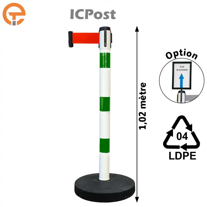 Poteau de balisage vert blanc à sangle 3 mètres