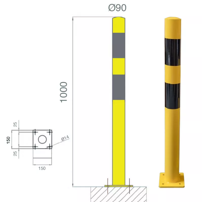 Poteau de protection jaune bandes noires à platine