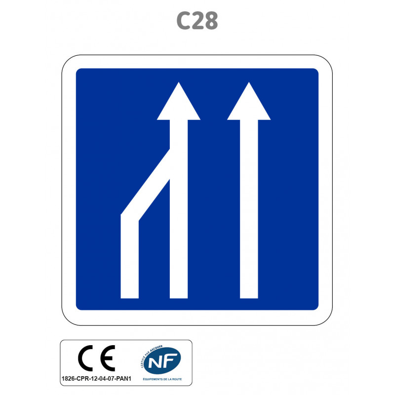 Panneau C28.ex2 Réduction du nombre de voies de circulation