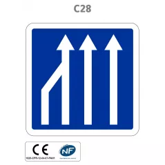 Panneau C28.ex3 Réduction du nombre de voies de circulation