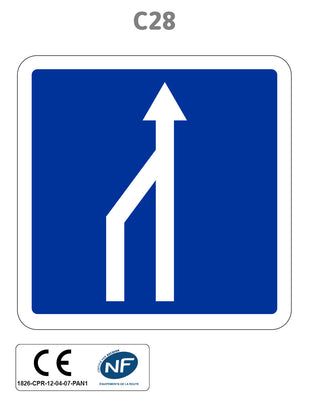 Panneau C28 ex.1 Réduction du nombre de voies de circulation