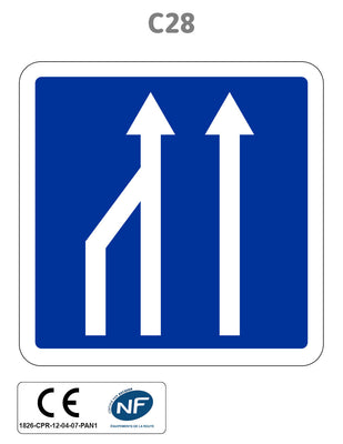 Panneau C28 ex.2 Réduction du nombre de voies de circulation