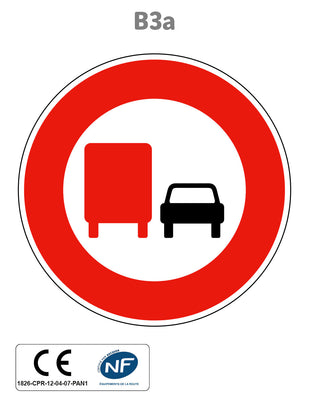 Panneau B3a Interdiction de dépasser aux véhicules de plus de 3,5 tonnes